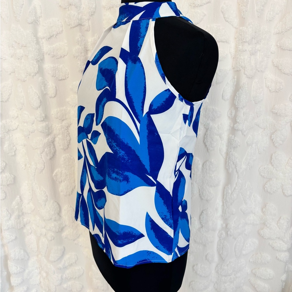 SHEIN Blue and White Leaf Print Halter Blouse Small